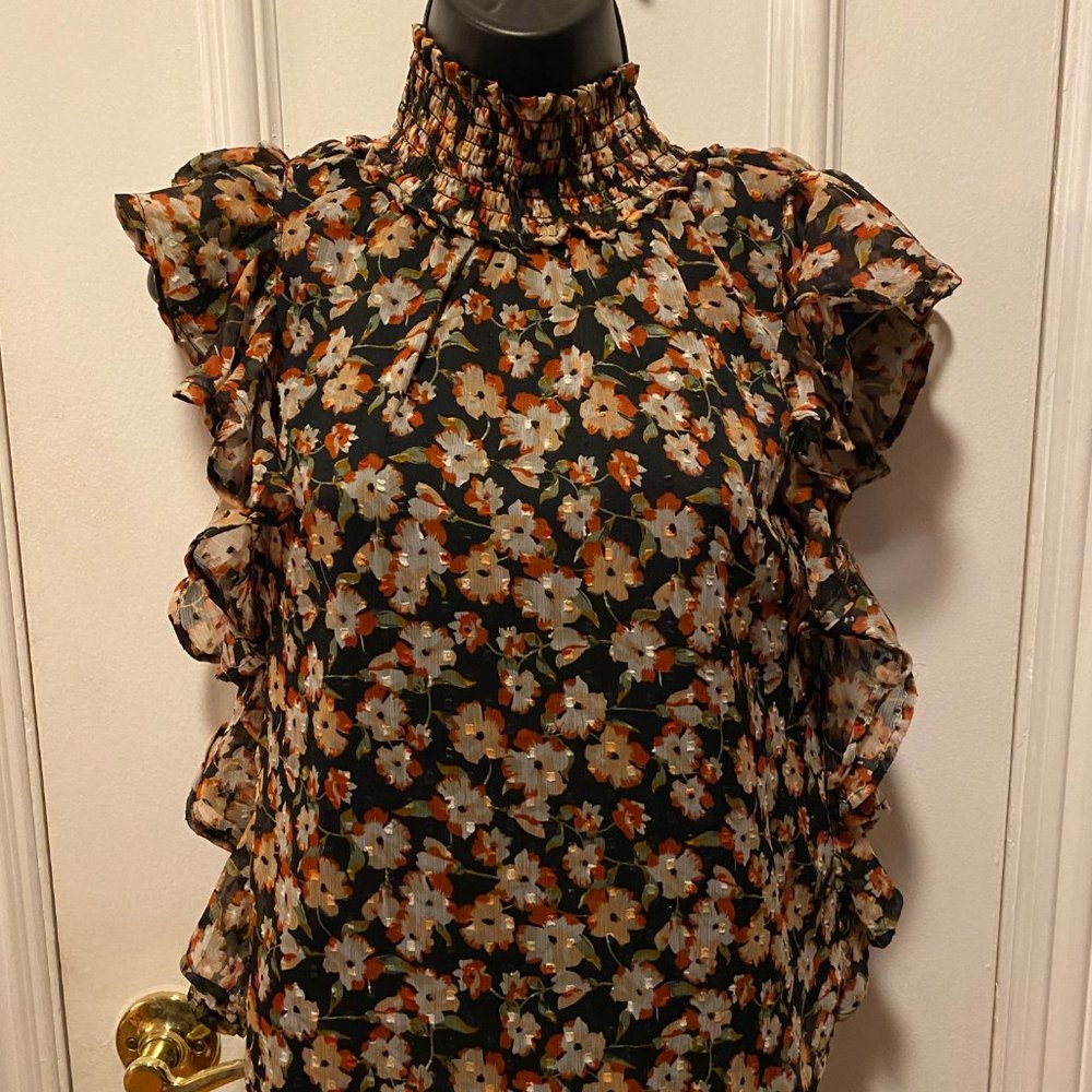 Blue Rain Silky Blouse with multiple flowers Size XS